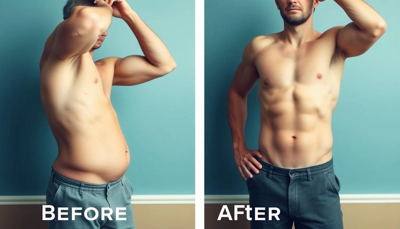 Before and after transformation of a Testosil user showing improved physique