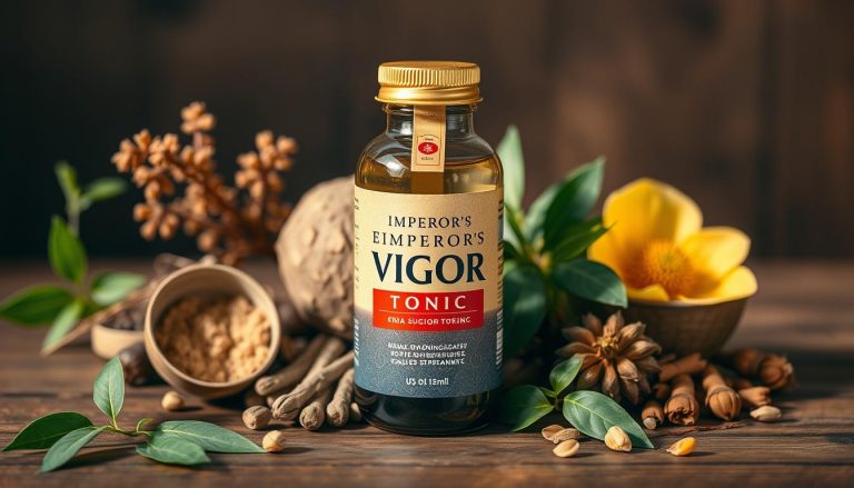 Bottle of Emperor's Vigor Tonic with natural ingredients displayed around it