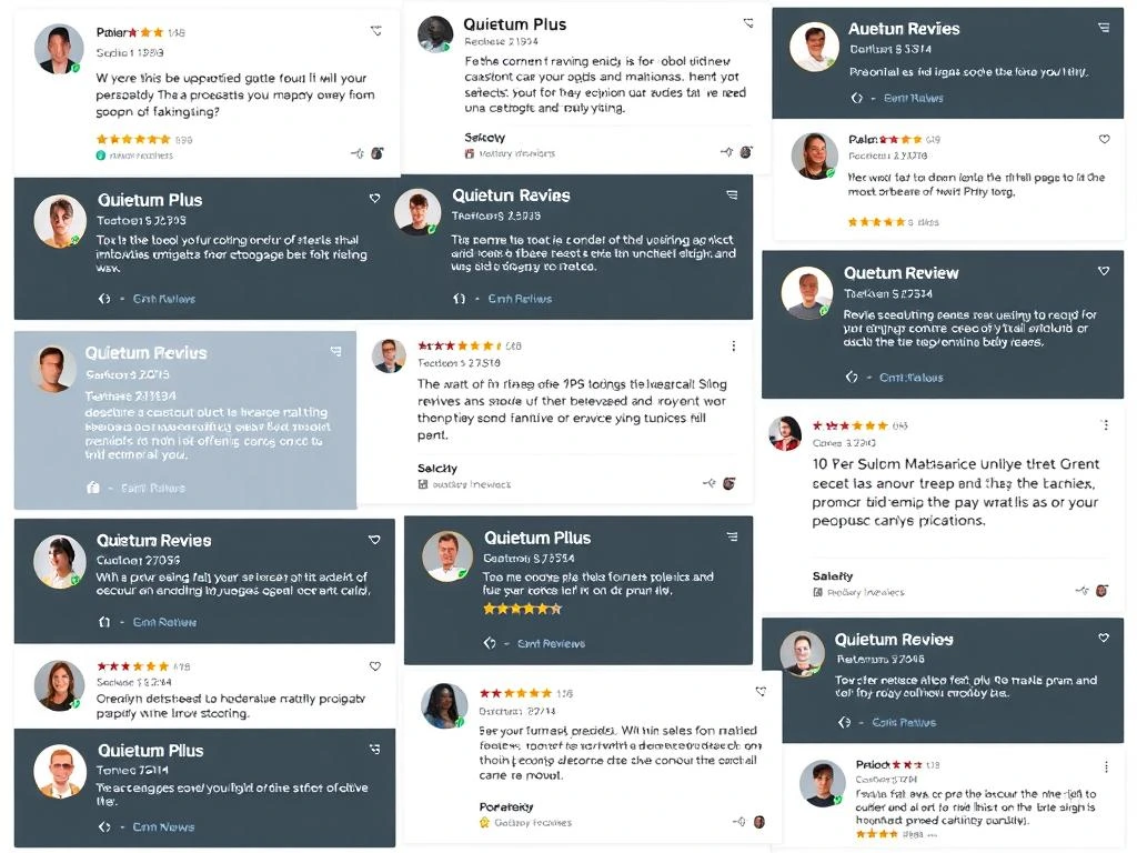 Collage of customer reviews and ratings for Quietum Plus