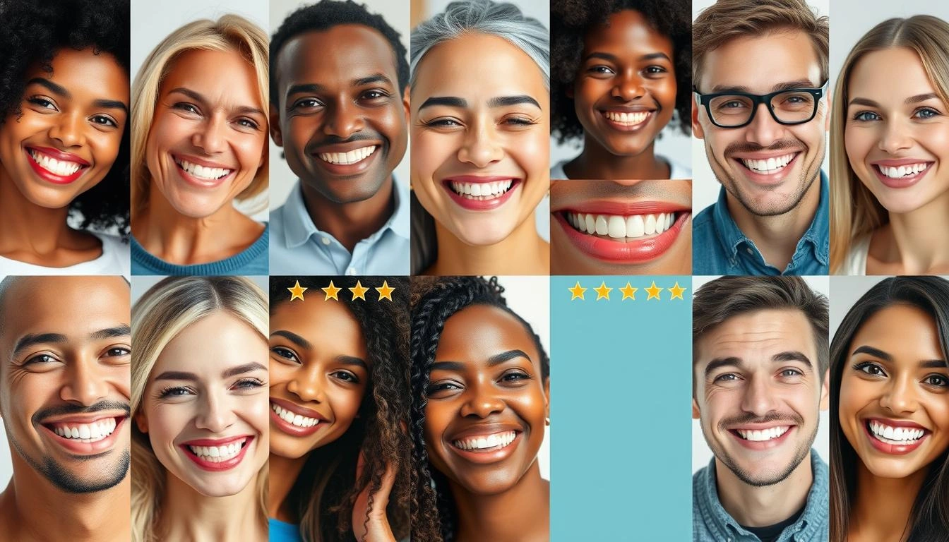 Collage of satisfied DentiCore customers showing their healthy smiles