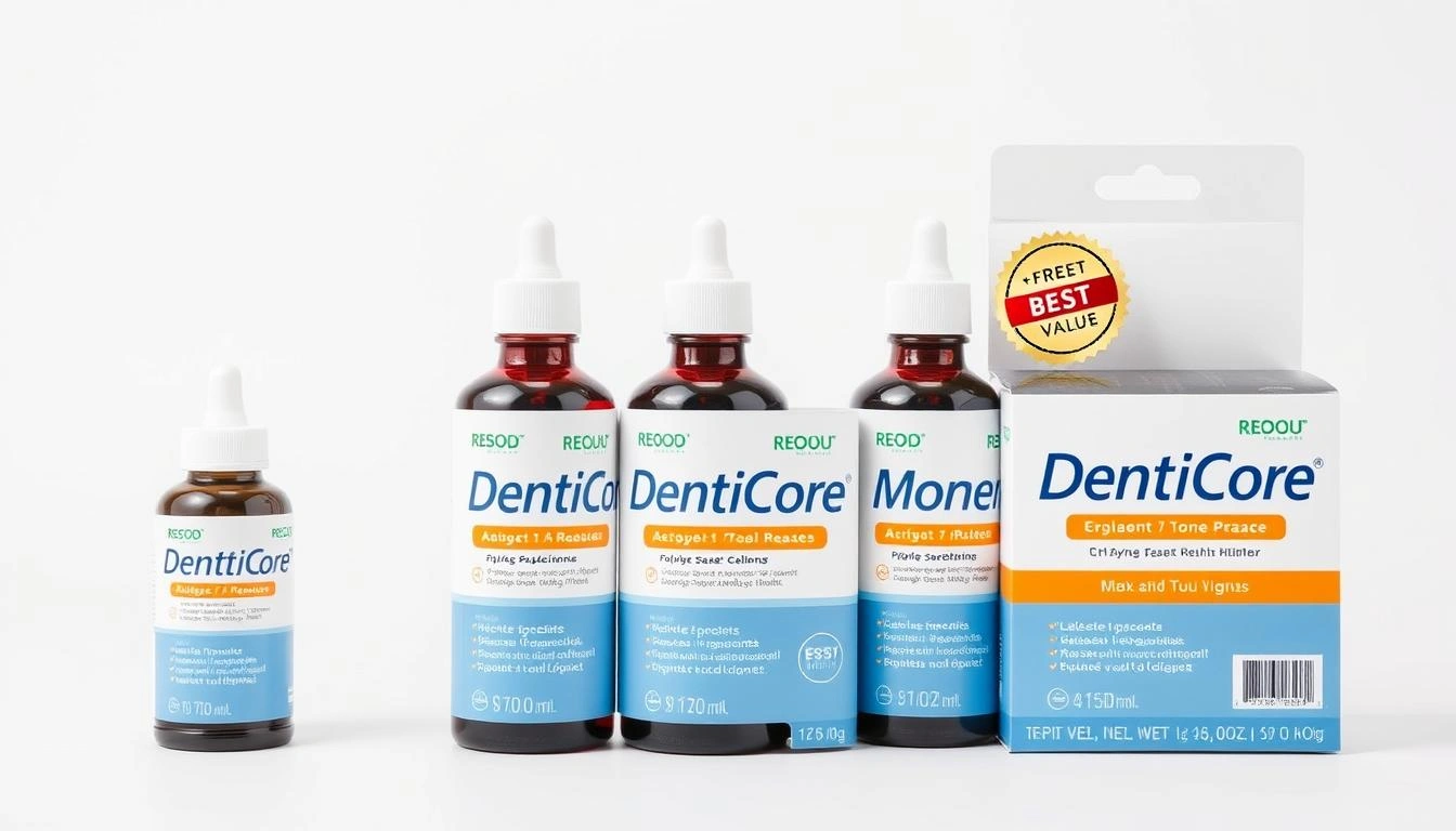 DentiCore pricing packages showing different bottle quantities and savings