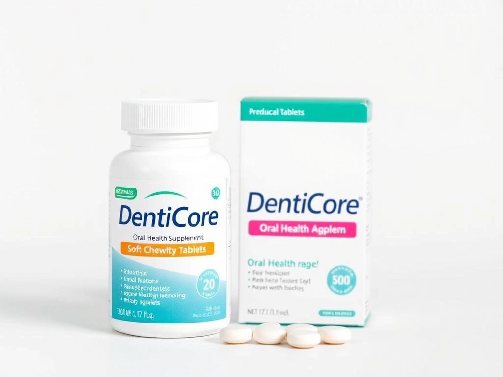 DentiCore supplement bottle and packaging showing the oral health product