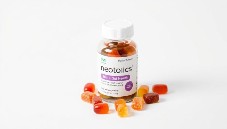 Neotonics supplement bottle and gummies showing the gut-skin probiotic formula