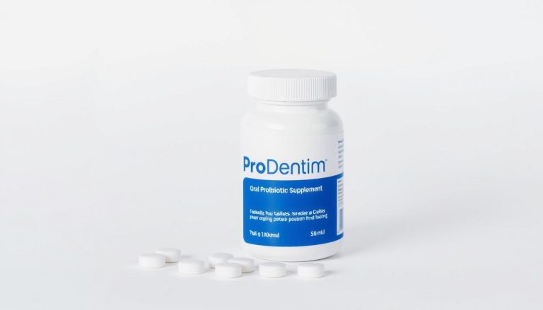 ProDentim oral probiotic supplement bottle and tablets