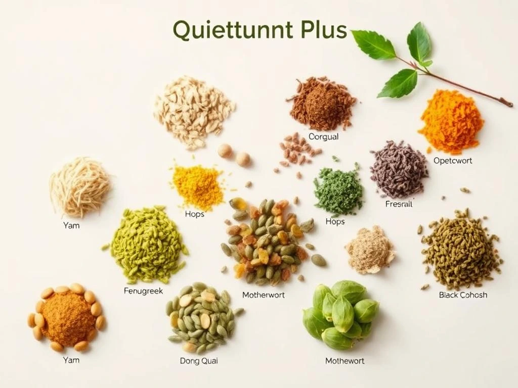 Quietum Plus key ingredients displayed with natural herb and plant sources